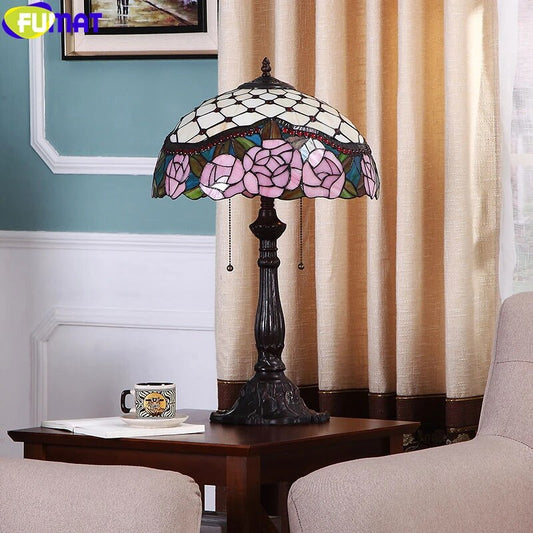 Tiffany Style Pink Rose 16 Inches Table Lamp Stained Glass RT021710