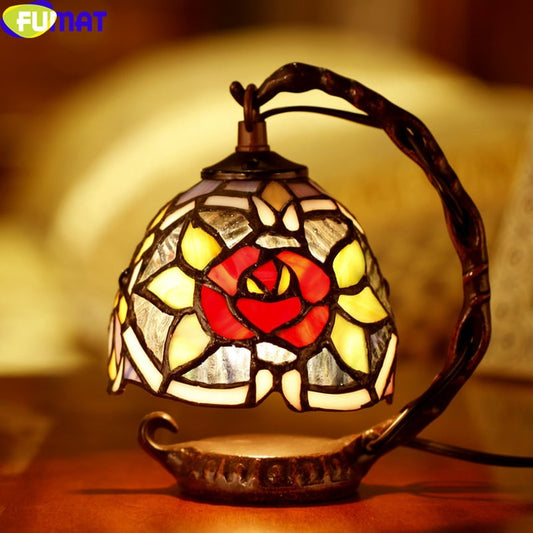 FUMAT Tiffany Style Rose 6 Inches Table Lamp Stained Glass RT020801