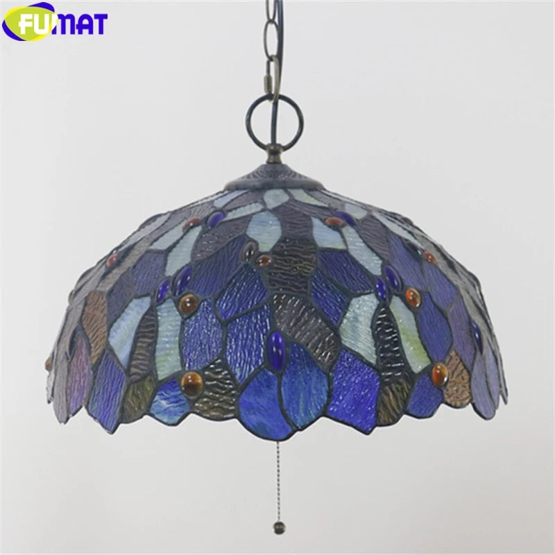 Tiffany Style Blue Church 16 Inches Pendant Lamp Stained Glass CP022103