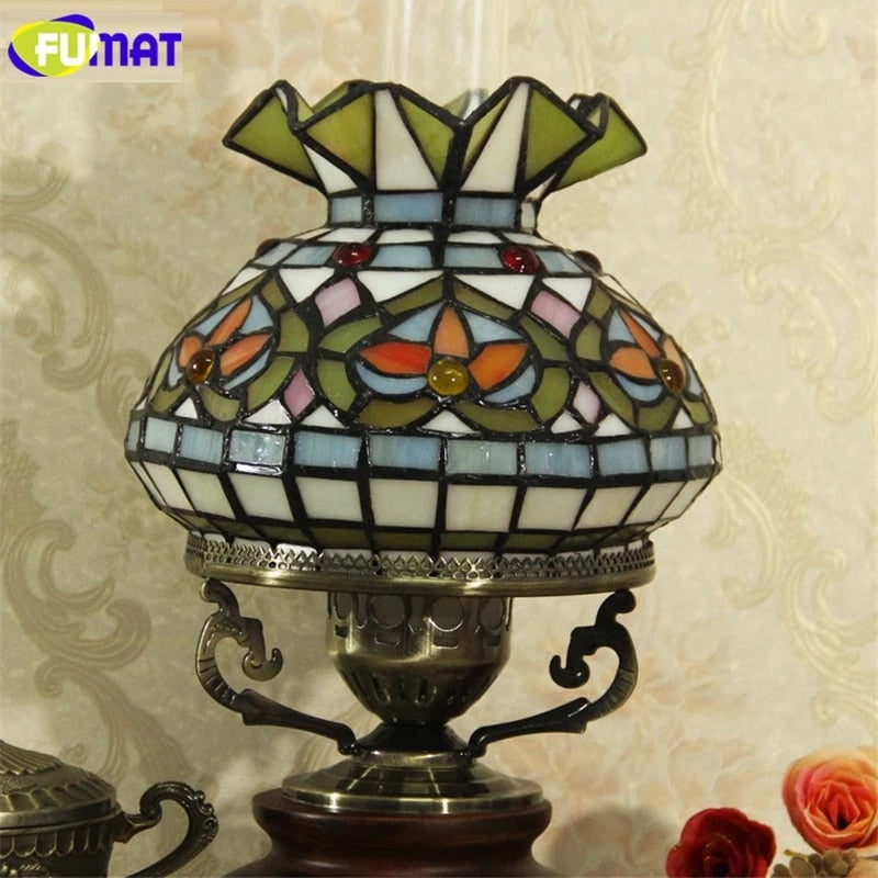 FUMAT Tiffany Style Kerosene 7-9 Inches Table Lamp Stained Glass KT021106