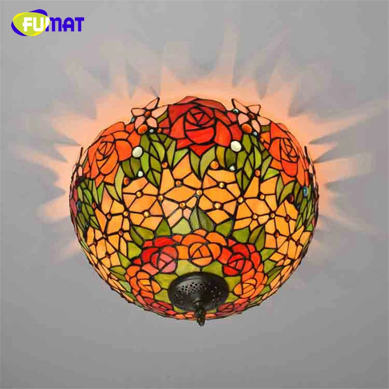 FUMAT Tiffany Style Rose 16 Inches Ceiling Lamp Stained Glass RC020823