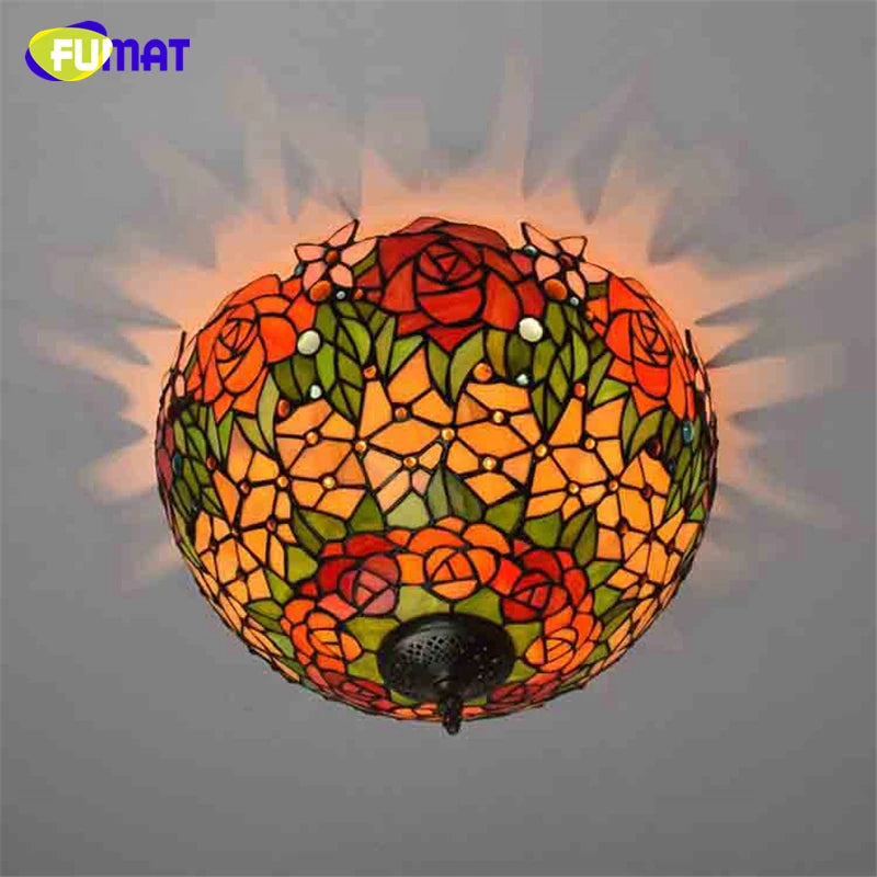 FUMAT Tiffany Style Rose 16 Inches Ceiling Lamp Stained Glass RC020823