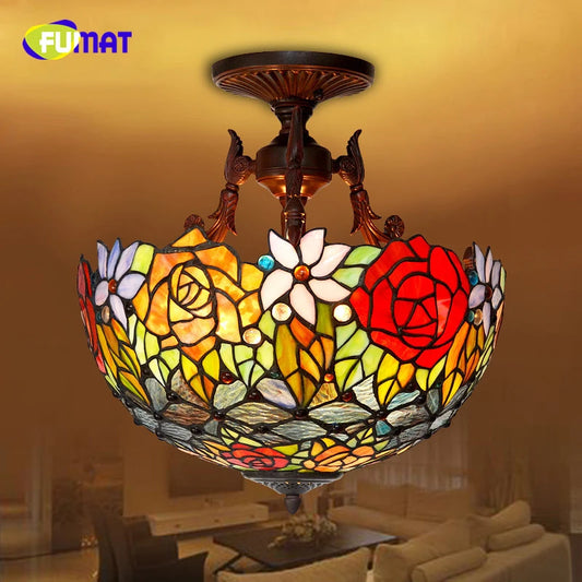 FUMAT Tiffany Style Rose 16 Inches Ceiling Lamp Stained Glass RC020912