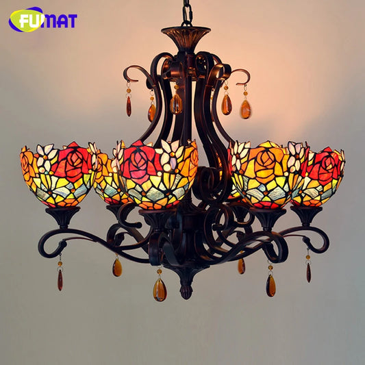 FUMAT Tiffany Style Rose 29.5 Inches Ceiling Lamp Stained Glass RC020824