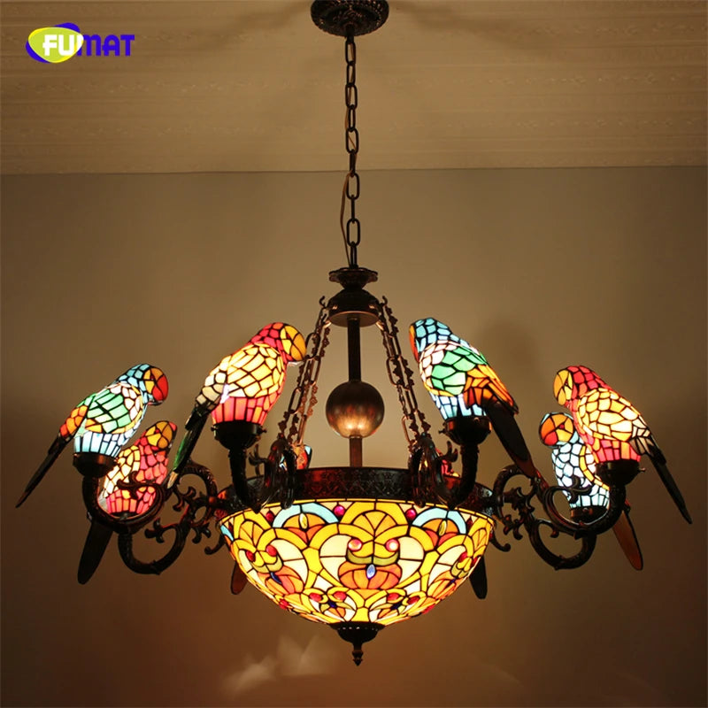 FUMAT Tiffany Style Parrot 40 Inches Ceiling Lamp Stained Glass PC020817