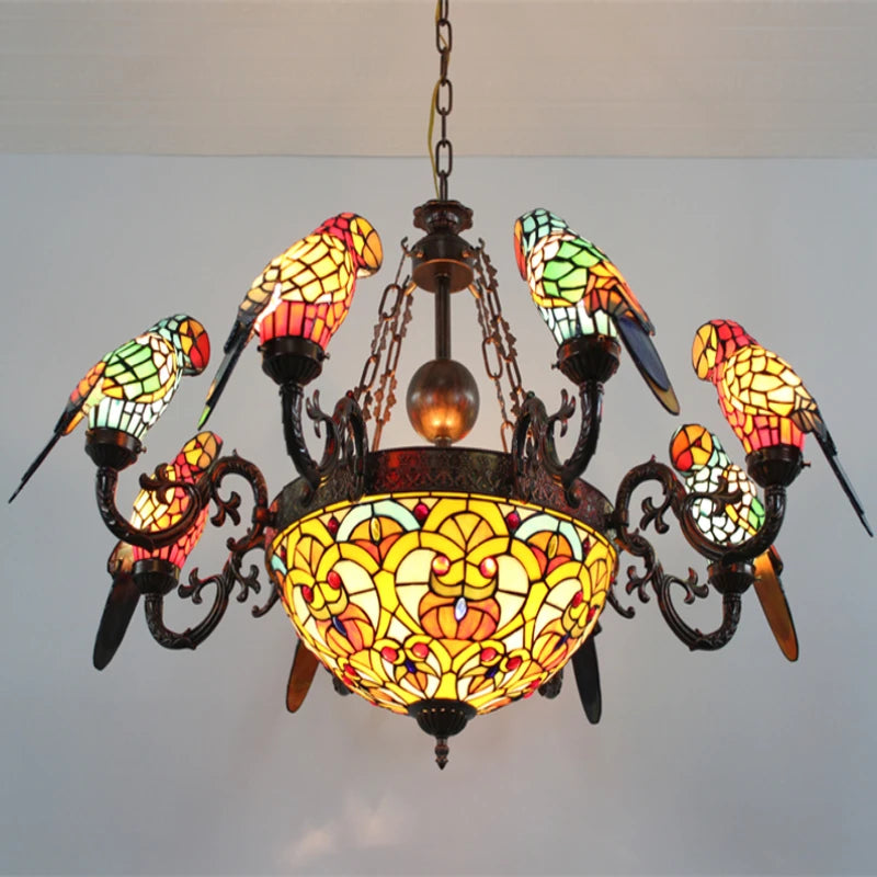 FUMAT Tiffany Style Parrot 40 Inches Ceiling Lamp Stained Glass PC020817