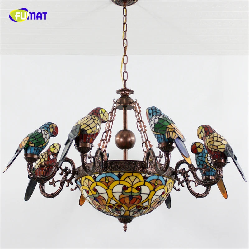 FUMAT Tiffany Style Parrot 40 Inches Ceiling Lamp Stained Glass PC020817