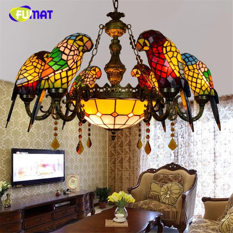 FUMAT Tiffany Style Parrot 32 Inches Pendant Light Stained Glass PP020805